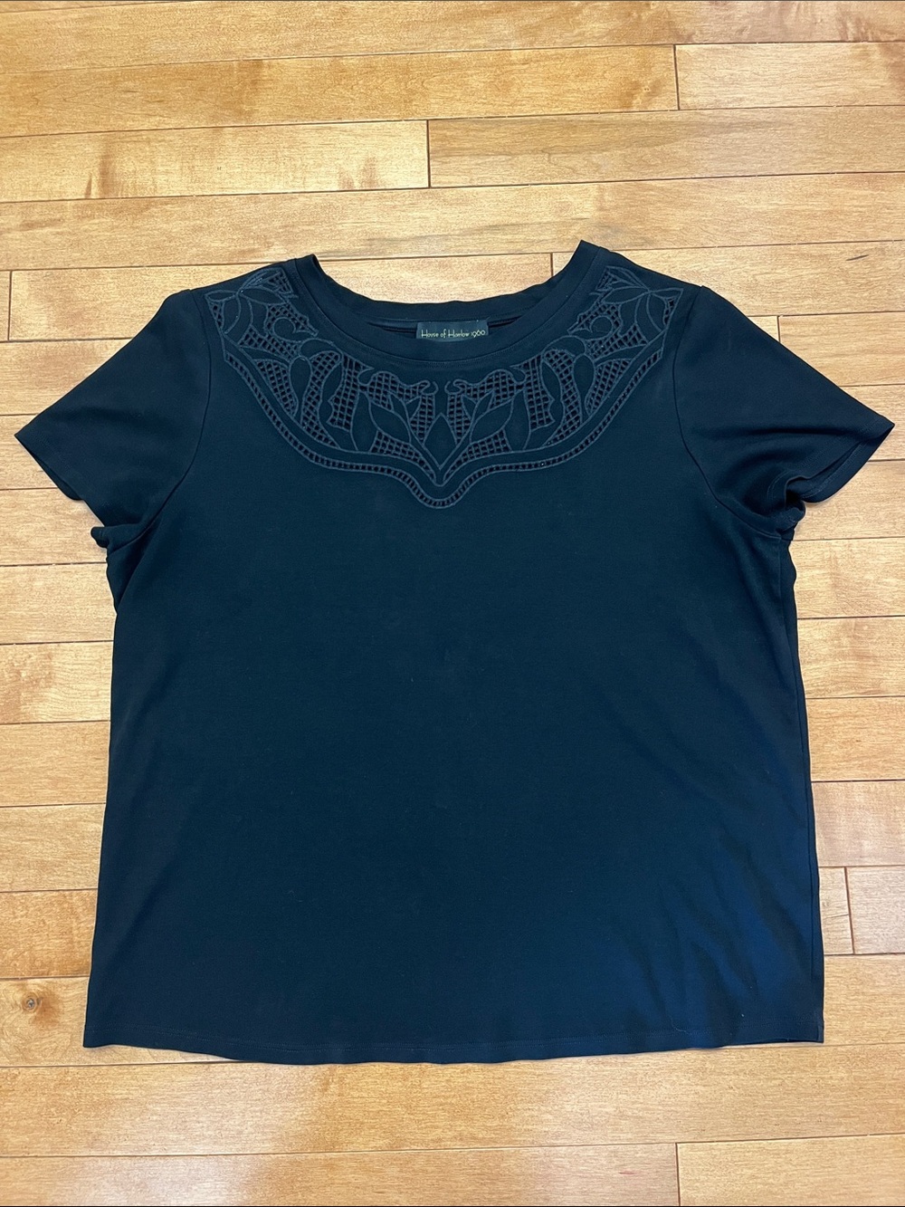 Women's Black Short-Sleeve Tee with Lace Yoke